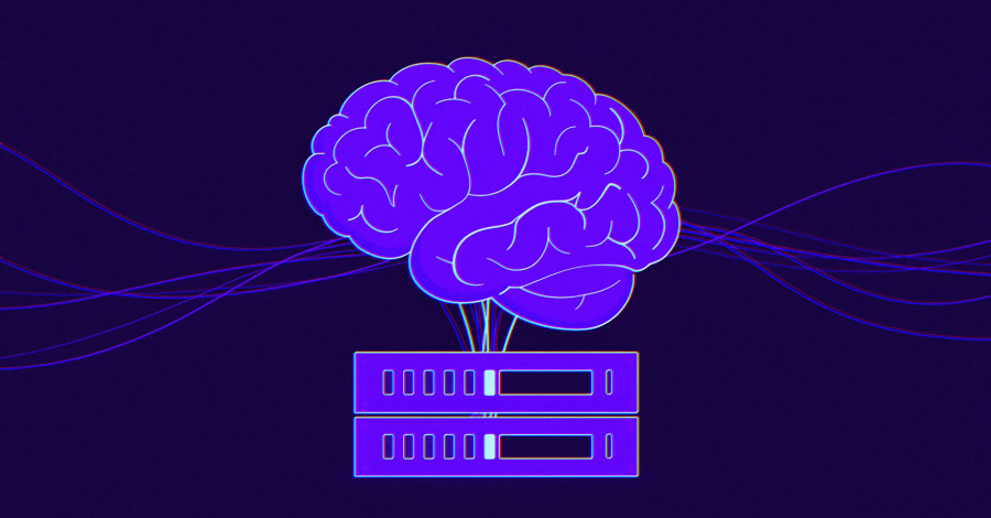 A stylized representation of a digital brain with circuit board elements, overlaid with glowing lines symbolizing cyber threats and data flow.