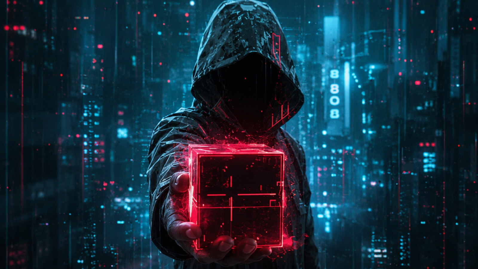 Abstract representation of code being compromised, with interconnected nodes and malicious symbols.