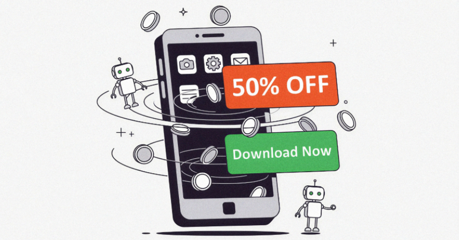 Illustration of a digital trapdoor with Android robots falling into it, symbolizing ad fraud.