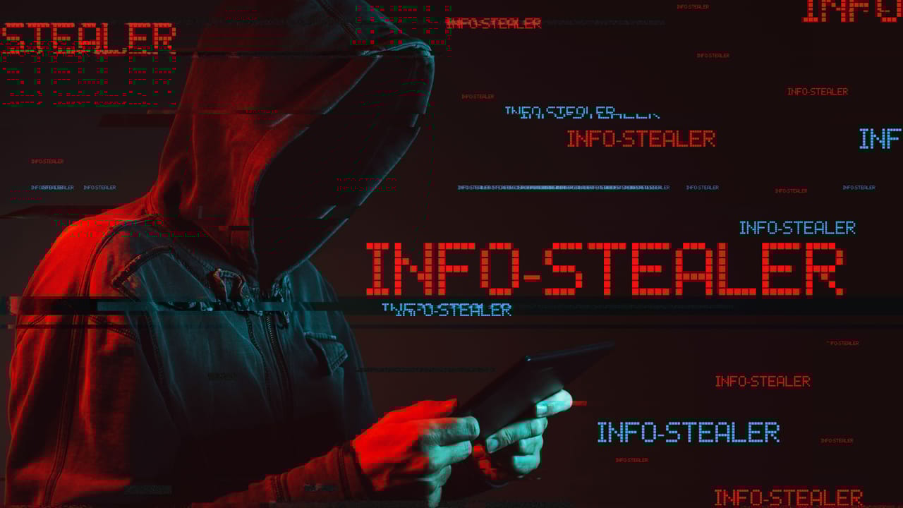 A stylized graphic representing a digital lock being broken or a data stream being siphoned, symbolizing the action of an infostealer.