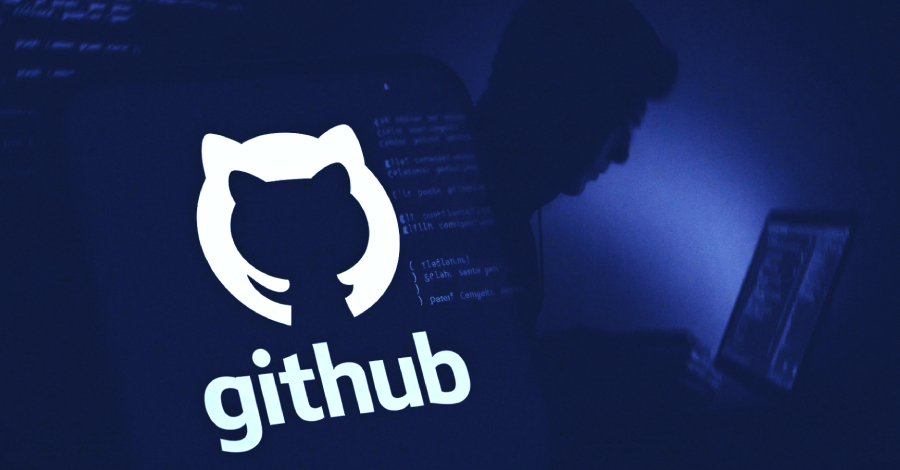 Abstract representation of code with glowing malicious elements, symbolizing a cyber attack on GitHub repositories.