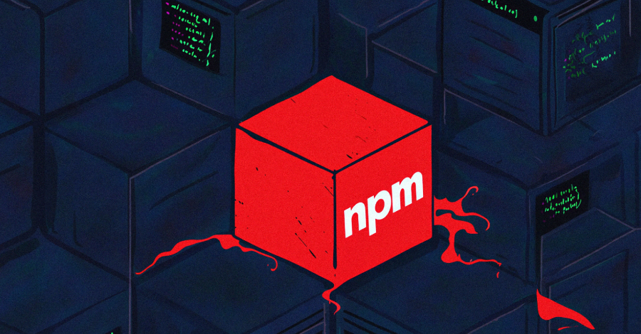 Abstract digital art representing code and network connections, with a red warning overlay.