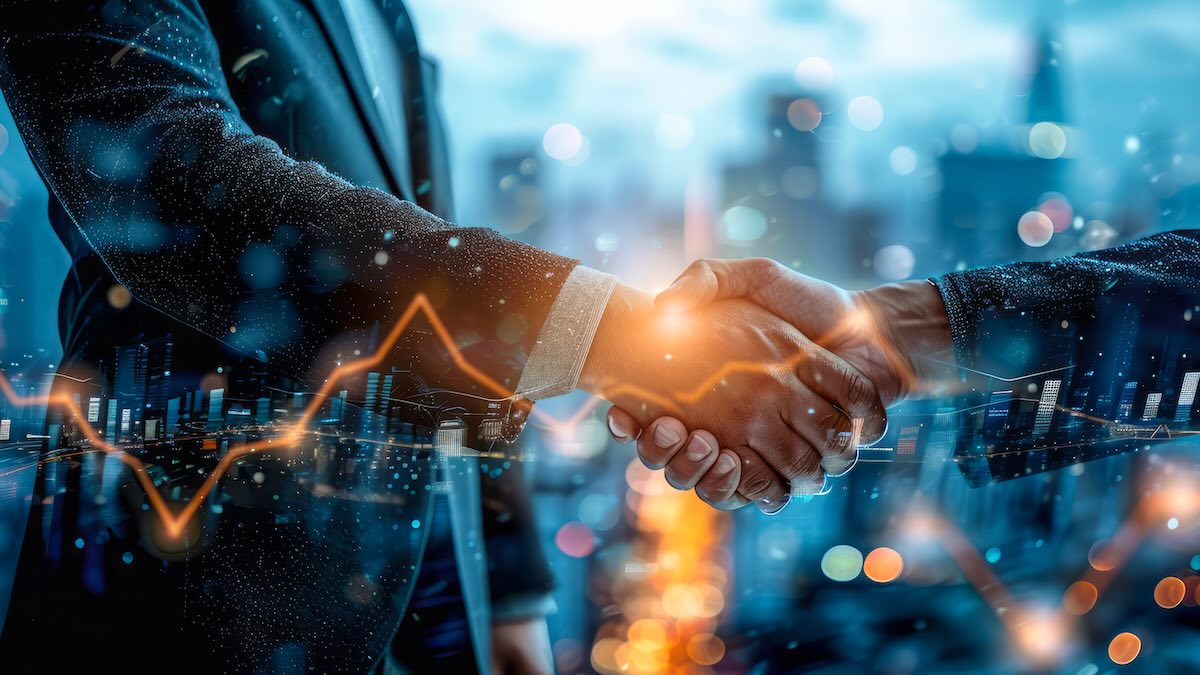 Handshake over cybersecurity logos with AI circuits and merger charts in background