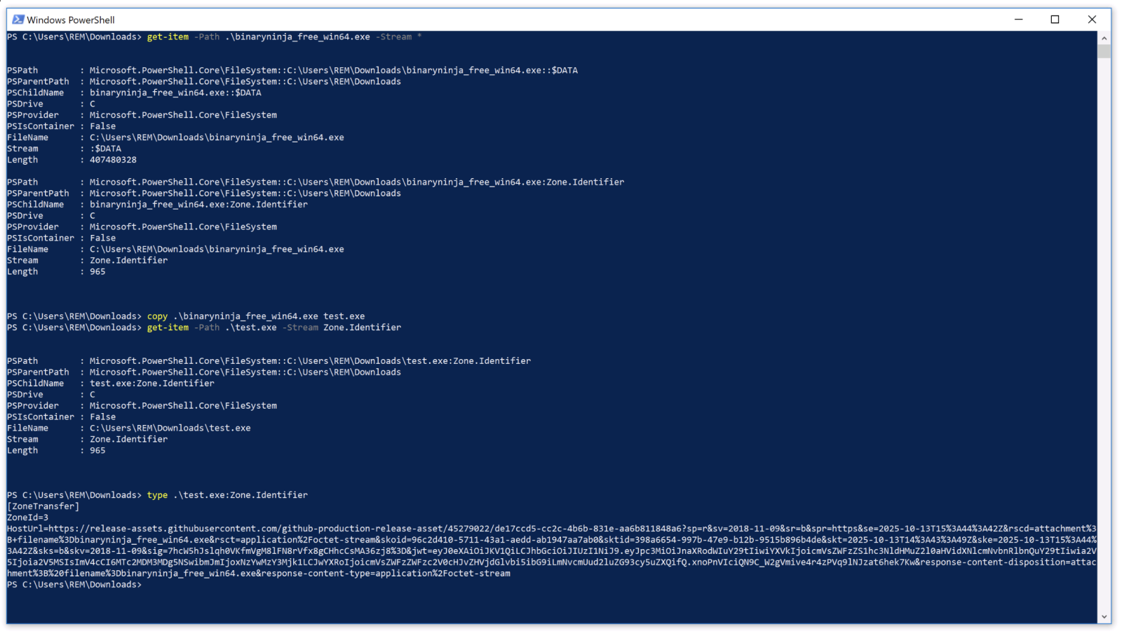 Command prompt showing batch script copying file and removing Zone.Identifier ADS stream