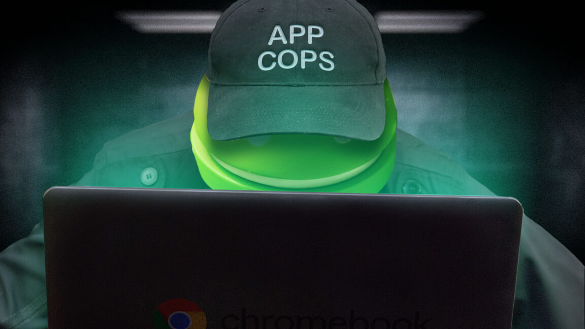 Android robot behind bars with Google Play Store logo overlay