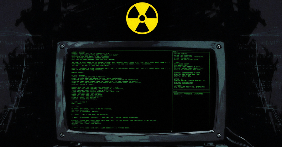 Abstract digital representation of code and data streams intersecting with a stylized nuclear mushroom cloud icon.