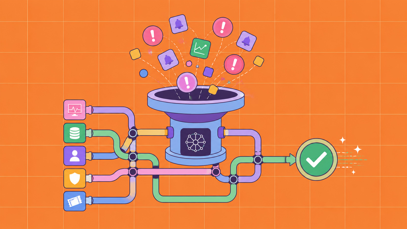 Abstract graphic representing data flow and connectivity, with nodes and lines illustrating a network.