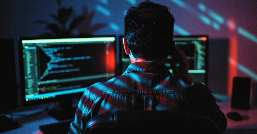 Digital illustration of a shadowy figure cloning a CEO's Slack workspace to breach Axios npm package