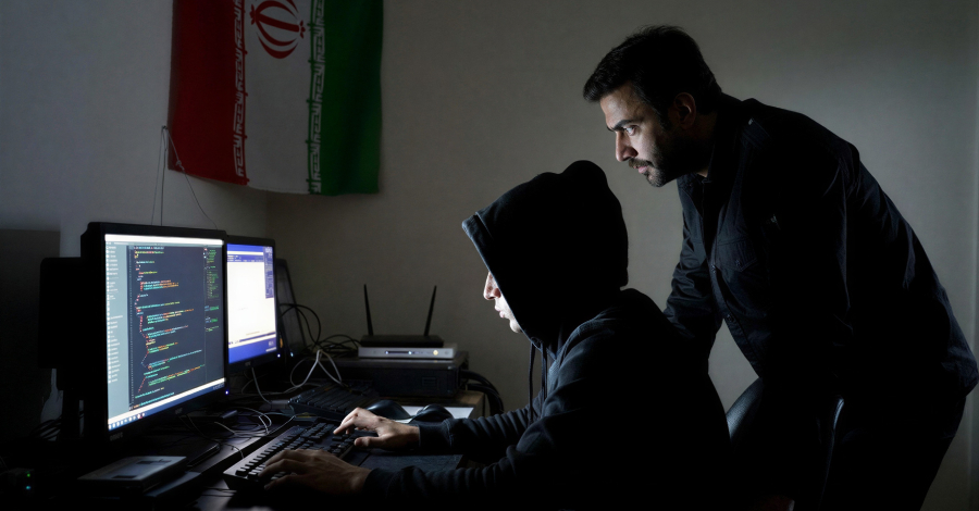 Illustration of a hacker using AI tools to develop malware on a computer screen