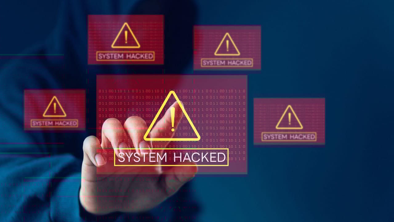 Collage of shadowy hacker figures clashing over exploding data servers in a cyber battlefield