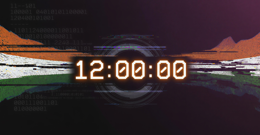 Illustration of a clock face with circuits and binary code, representing rapid cybersecurity response to AI threats.