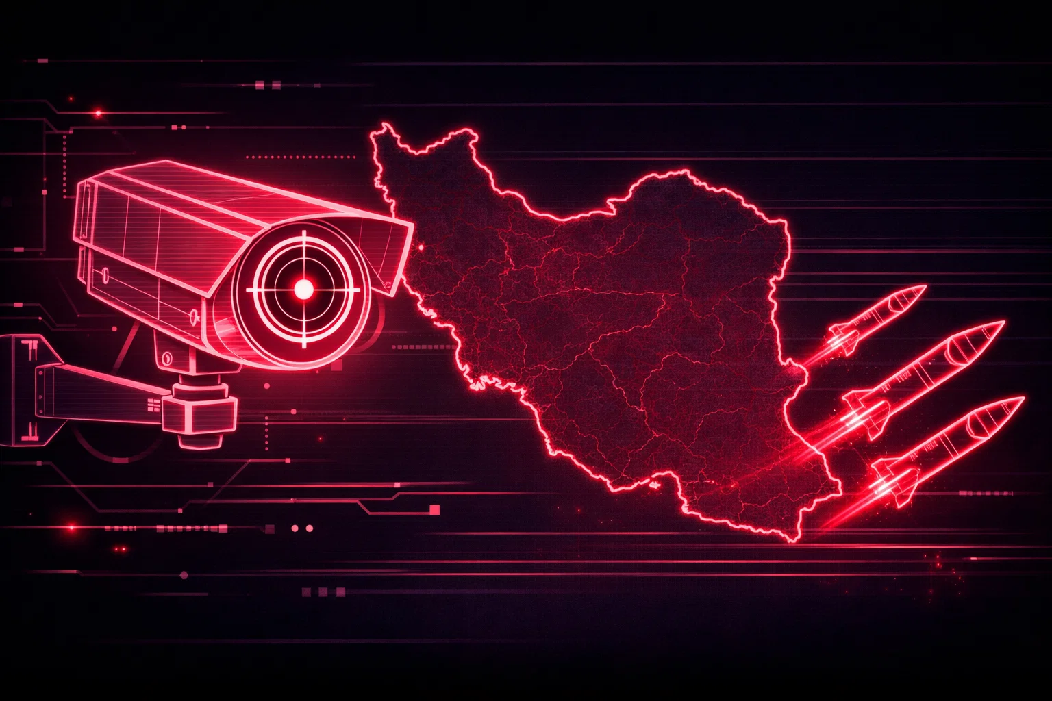 Карта Ближнего Востока с выделенными странами, где наблюдался повышенный интерес иранских хакеров к IP-камерам, наложенная на траектории ракетных ударов