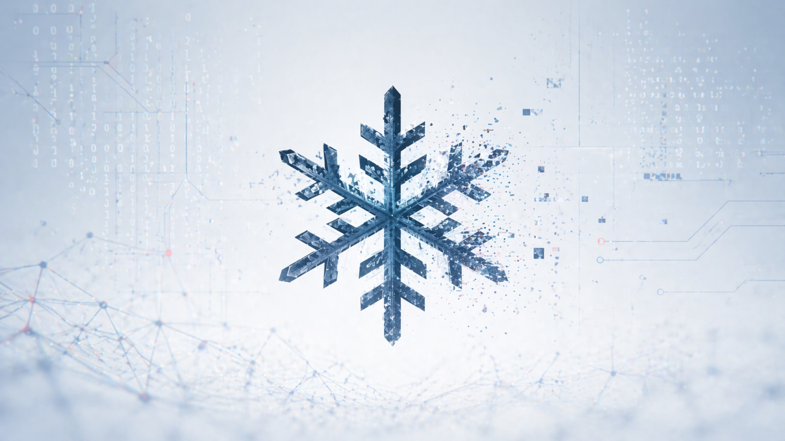 An abstract representation of digital data streams flowing through a network, with a snowflake icon superimposed, symbolizing the 'Snow' malware.