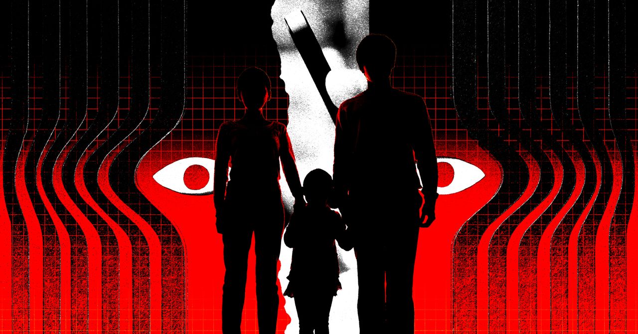 Dark Telegram chat interface showing spyware ads and surveillance icons targeting women