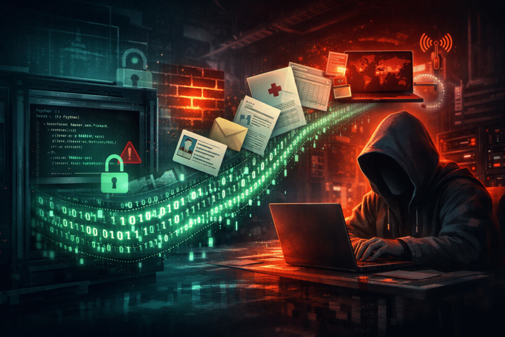 Digitale Illustration von Datenpaketen, die aus einem verschlossenen ChatGPT-Code-Sandbox zu einem externen Server sickern