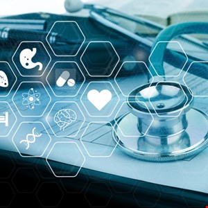 A doctor examines a medical device with a digital overlay showing security vulnerabilities.