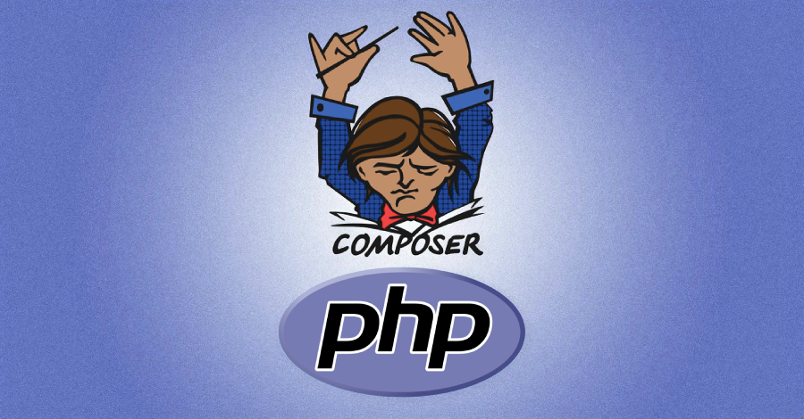 PHP Composer logo with red vulnerability warning overlay and command execution icons