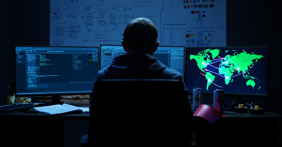 A stylized digital network graphic with nodes representing Discord and Microsoft Graph API, connected to a central shadowy figure labeled 'Webworm'.