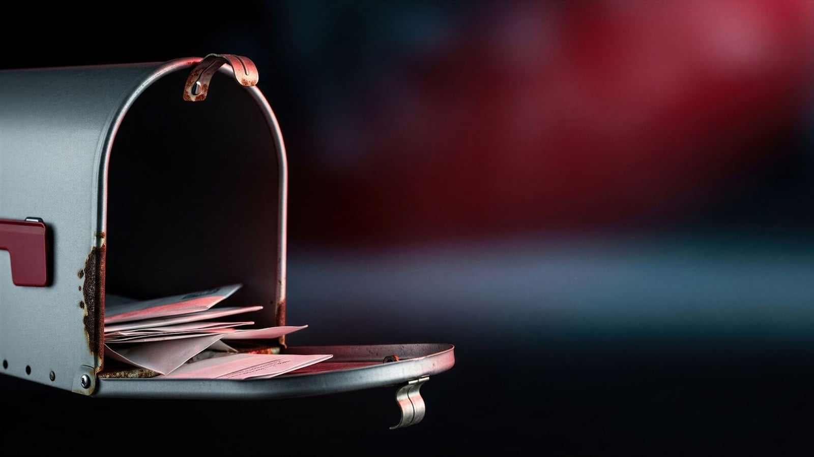 Vacant suburban house with overflowing mailbox and shadowy digital overlays of Zillow listings and mail previews