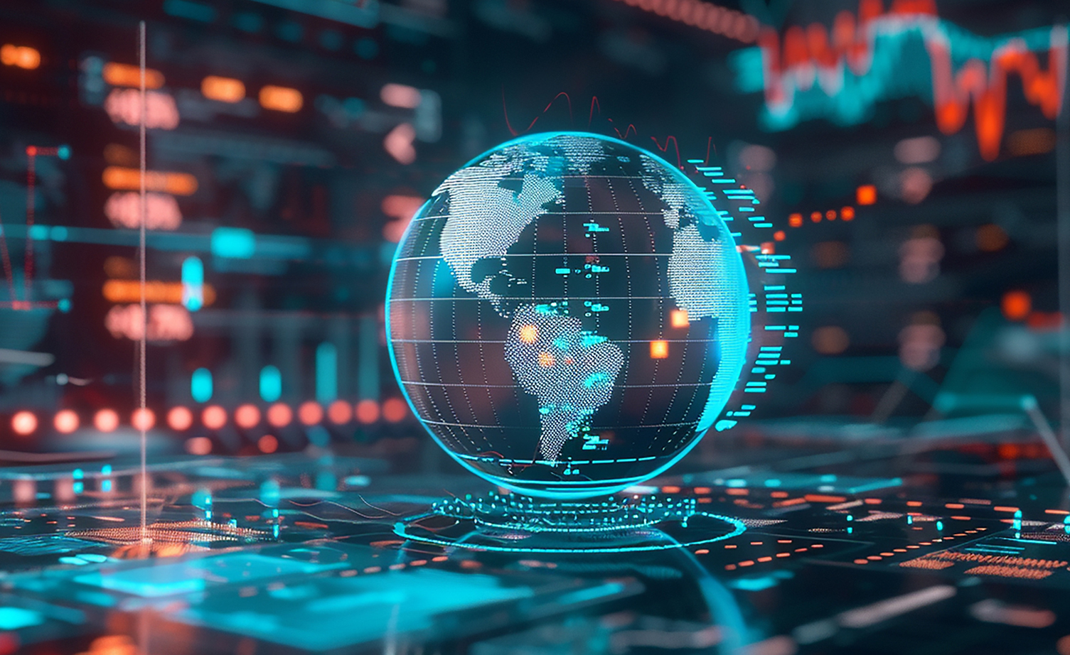 A stylized digital map highlighting Central and South America with red alert icons.