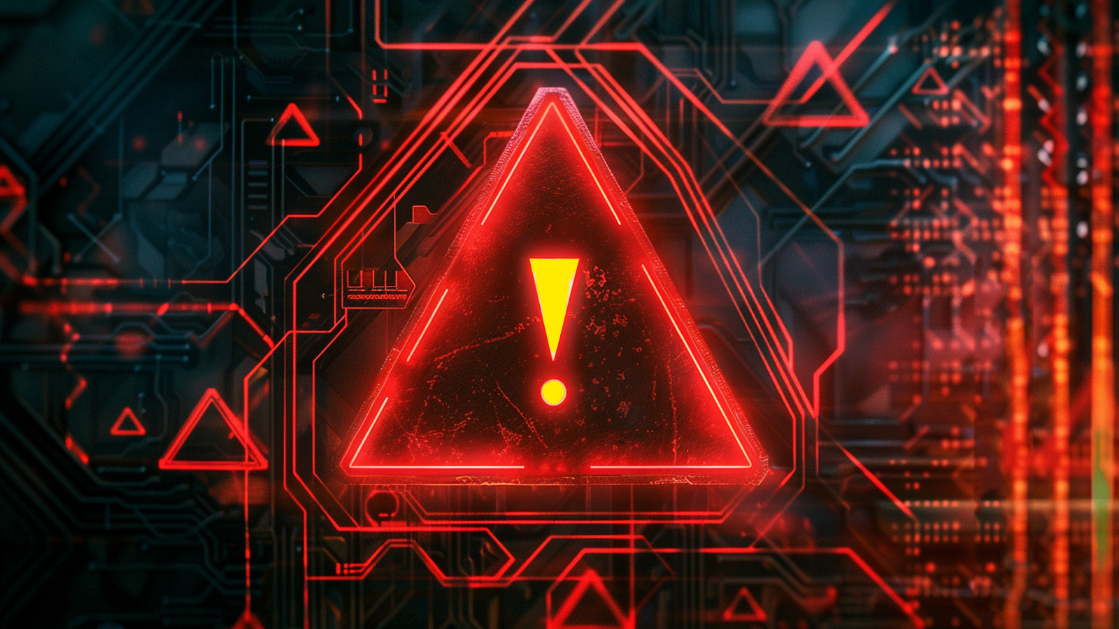 Abstract graphic representing interconnected network nodes with alert icons and a magnifying glass overlay.