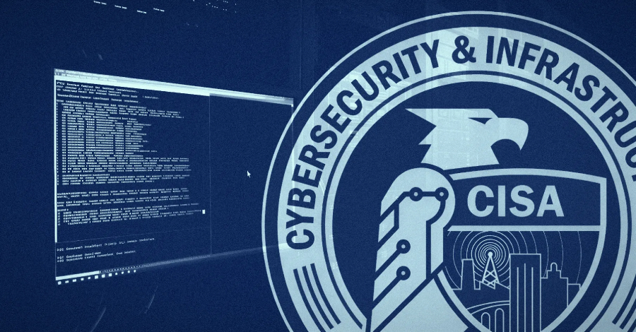 A computer screen displaying code and vulnerability alerts with the CISA logo.