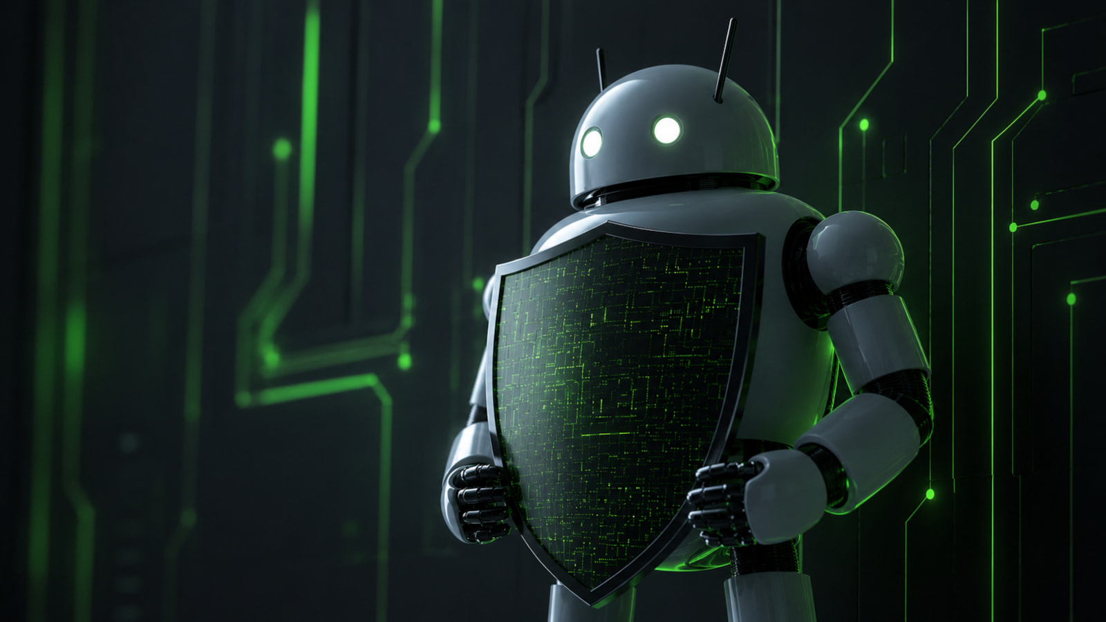 Illustration of a stylized Android robot wearing a shield, with digital network lines and security icons.