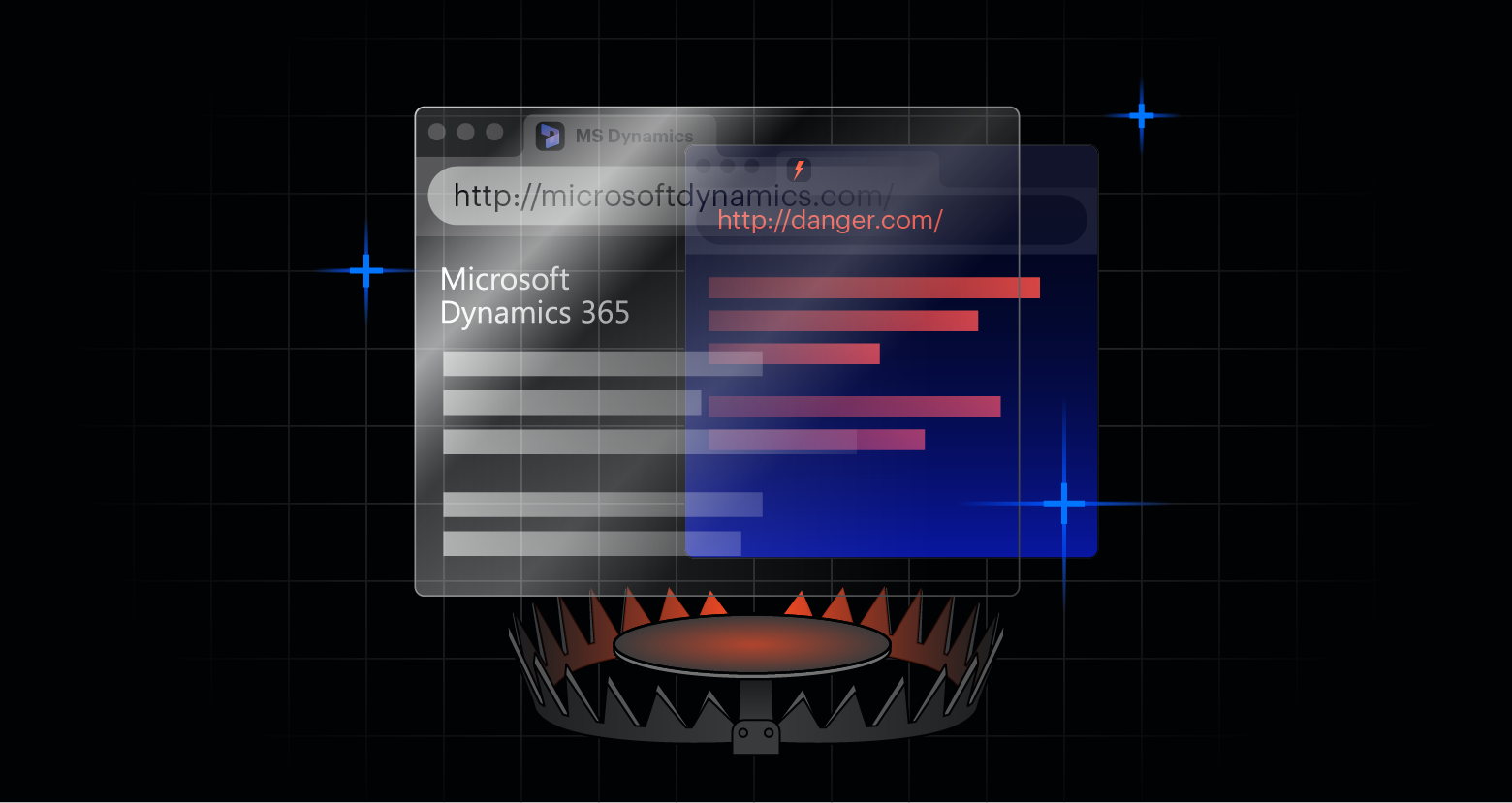 A visual representation of data flow showing a legitimate Microsoft Dynamics redirect leading to a hidden phishing payload, emphasizing the stealthy nature of the attack.