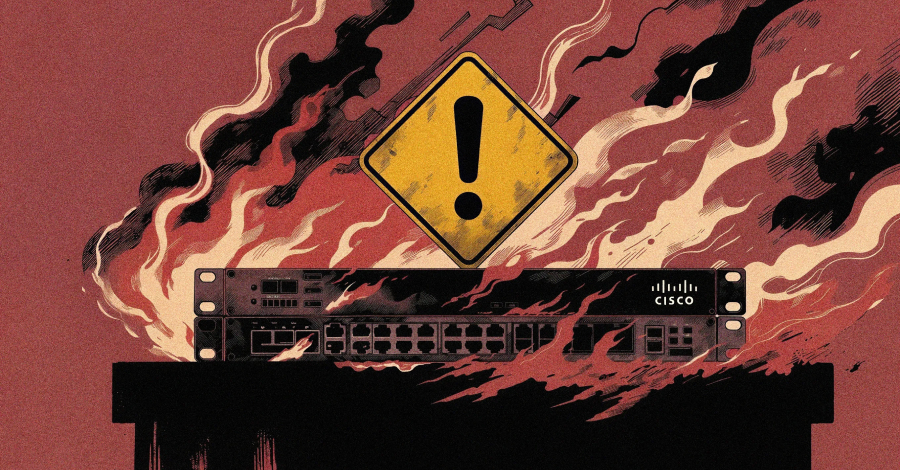 Diagram showing a network device with a red warning symbol and a small ghost-like figure representing malware.