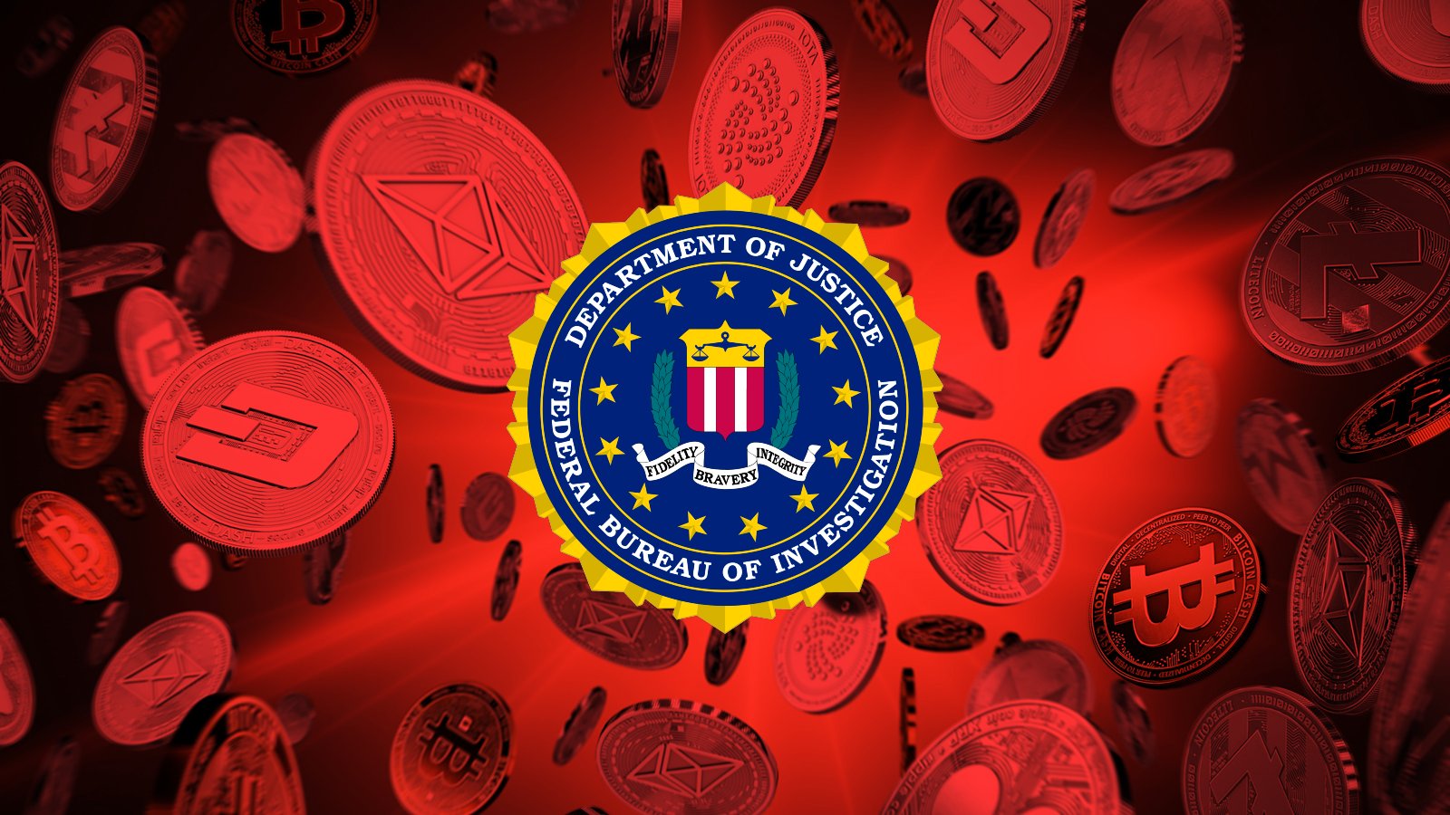 FBI badge overlay on stack of cash with digital scam icons and rising graph