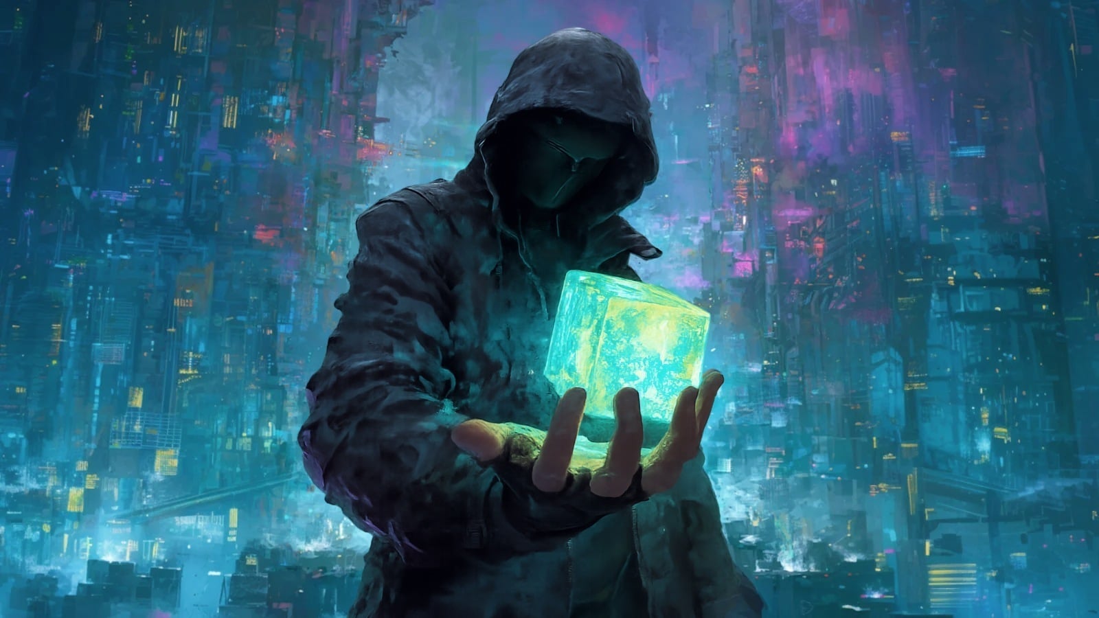 A digital padlock superimposed over a computer screen displaying code and AI graphics.