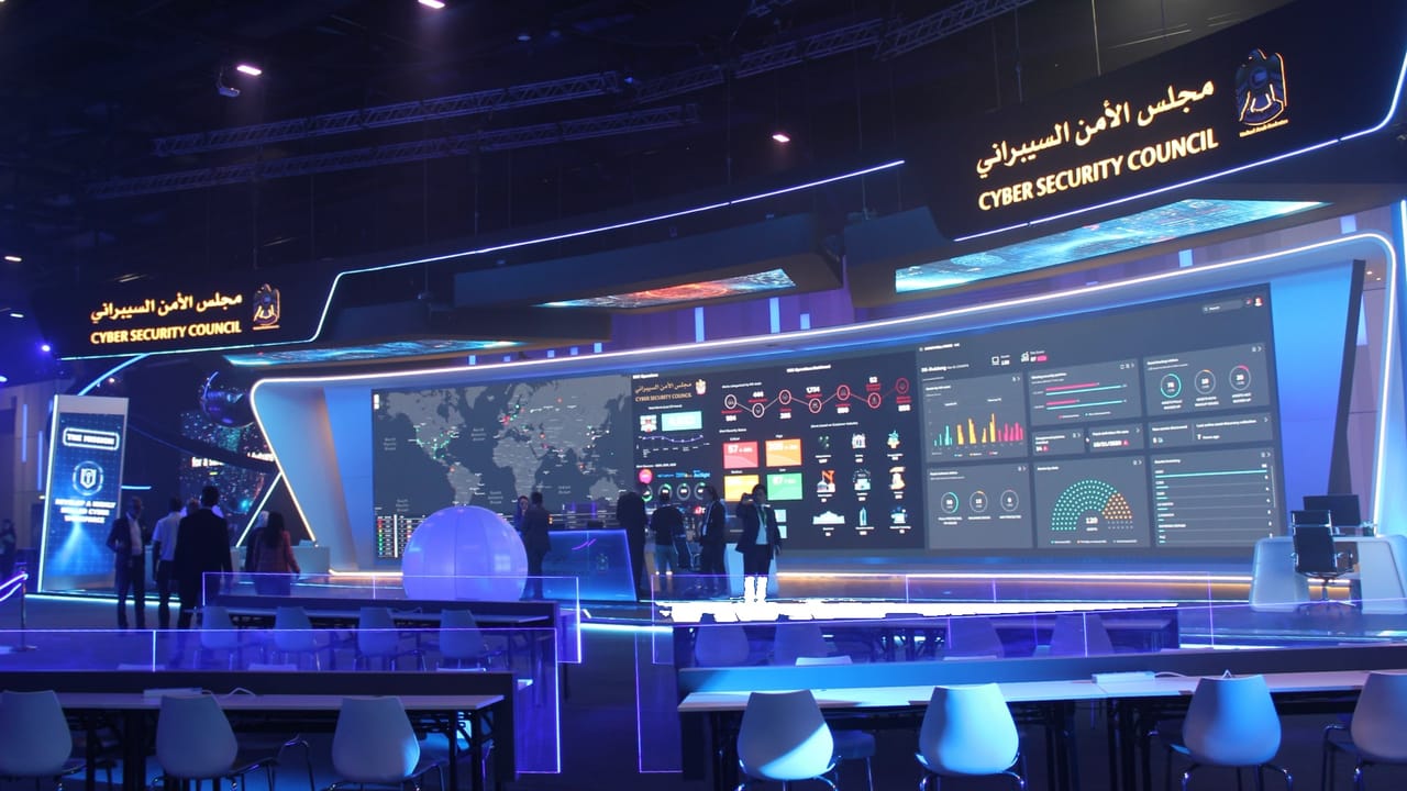 A stylized digital map of the UAE with glowing red nodes indicating cyber threats and increased network activity.